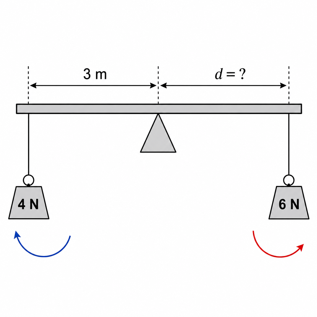A horizontal beam balanced on a central triangular pivot. On the left, a weight of 4 N hangs 3 m from the pivot (distance arrow labelled "3 m"). On the right, a weight of 6 N hangs at an unknown distance d from the pivot (arrow labelled "d = ?"). Curved arrows show the left weight turning anticlockwise and the right weight turning clockwise. Clean technical diagram, black on white.