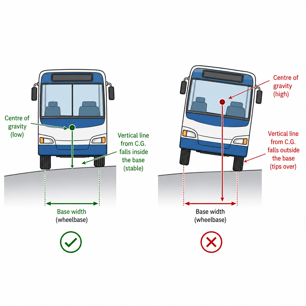 Two side-by-side bus outlines on a tilted ramp. Left bus labelled "stable": low centre of gravity (marked with a dot) and a vertical line from it falling inside the wheelbase. Right bus labelled "tips over": high centre of gravity with the vertical line falling outside the wheelbase, bus shown beginning to topple. Clean technical comparison diagram with the base width marked on each.