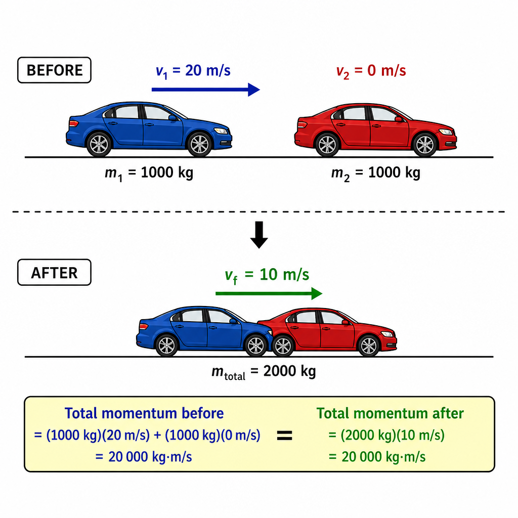 A before-and-after collision diagram. "Before": a 1000 kg car moving right at 20 m/s toward a stationary 1000 kg car (velocity arrows labelled). "After": the two cars stuck together moving right at 10 m/s (single velocity arrow labelled). A caption strip reads "total momentum before = total momentum after". Clean technical diagram, black on white.