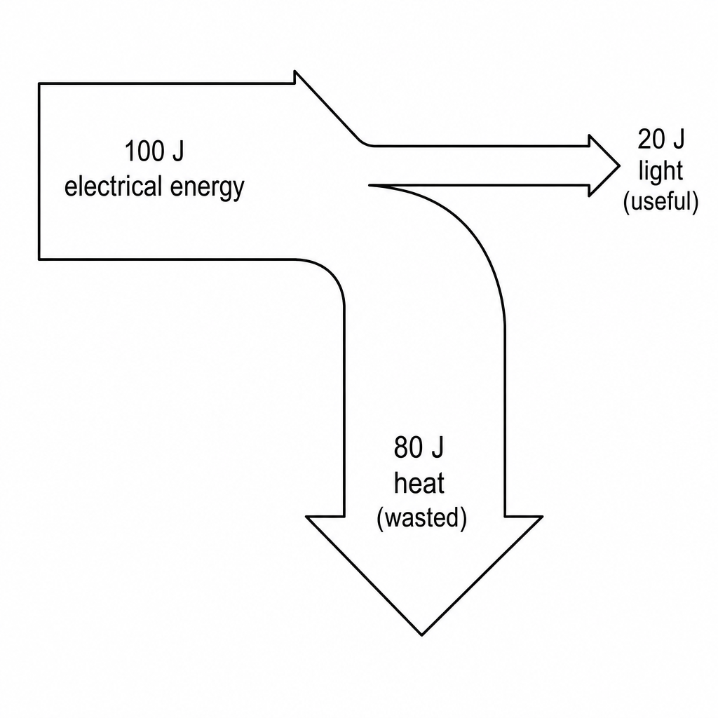 A Sankey diagram for a light bulb. A wide input arrow on the left labelled "100 J electrical energy" splits into two output arrows: a narrow one continuing right labelled "20 J light (useful)" and a wide one bending downward labelled "80 J heat (wasted)". Arrow widths are drawn proportional to the energy values. Clean technical Sankey diagram, black on white.