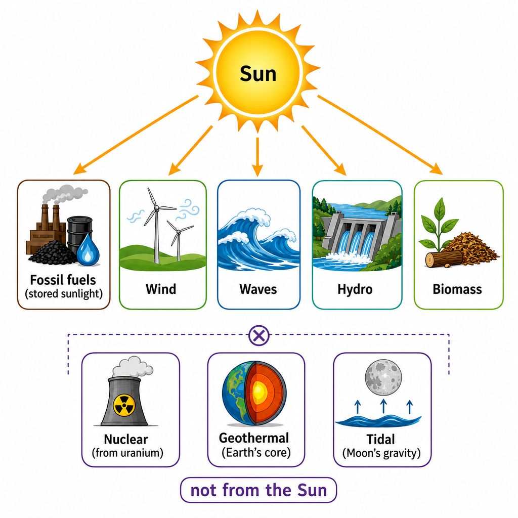 A simple flow chart titled "Where the energy comes from". A central "Sun" icon has arrows branching to "Fossil fuels (stored sunlight)", "Wind", "Waves", "Hydro", and "Biomass". Separately, three boxes sit apart labelled "Nuclear (from uranium)", "Geothermal (Earth's core)", and "Tidal (Moon's gravity)" with a note "not from the Sun". Clean technical flow diagram.