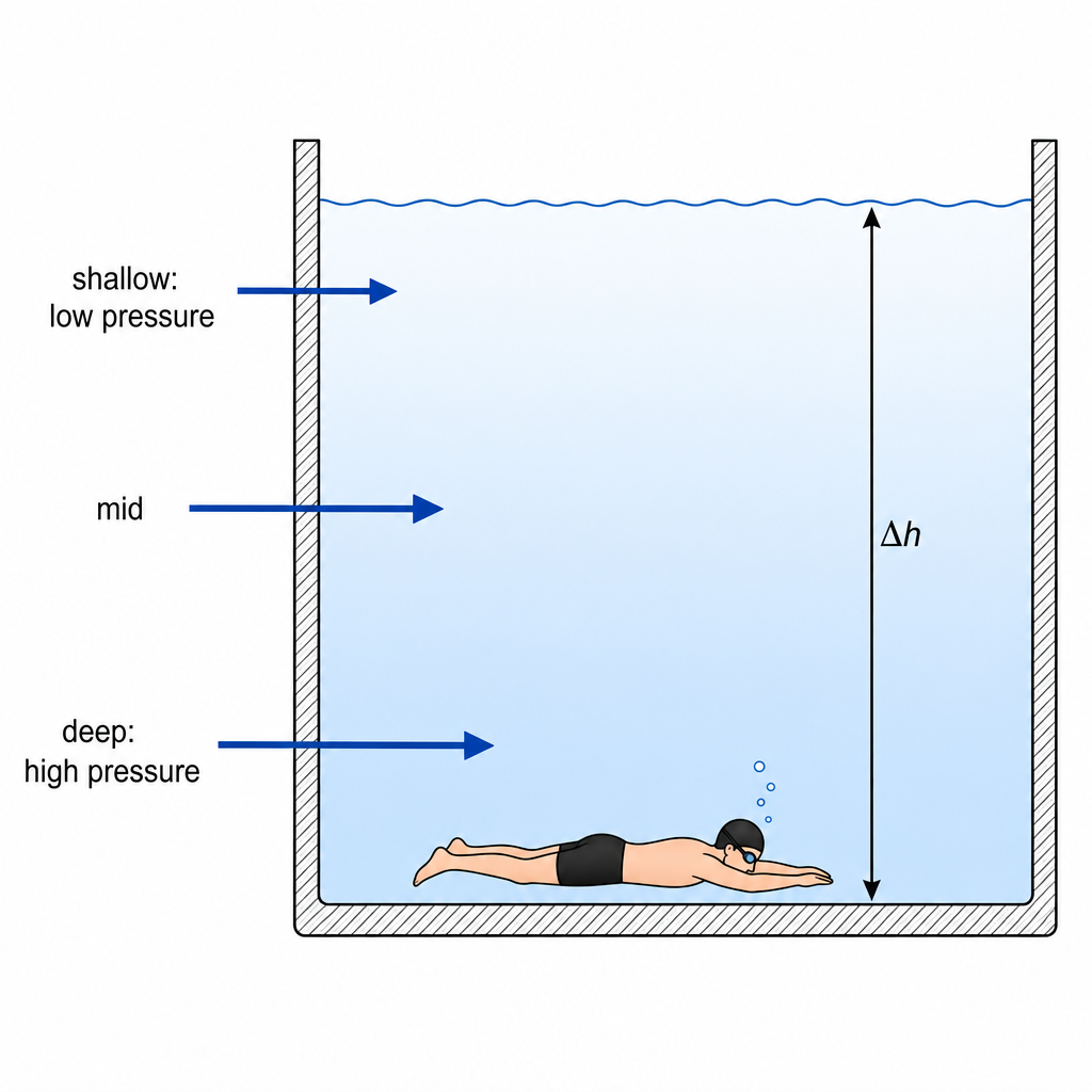 A cross-section of a water tank with a swimmer at the bottom. The left wall has three horizontal arrows pointing outward at increasing depths, drawn progressively longer (labelled "shallow: low pressure", "mid", "deep: high pressure") to show pressure rising with depth. A depth arrow labelled "Δh" runs from the surface to the swimmer. Clean technical diagram, black on white.