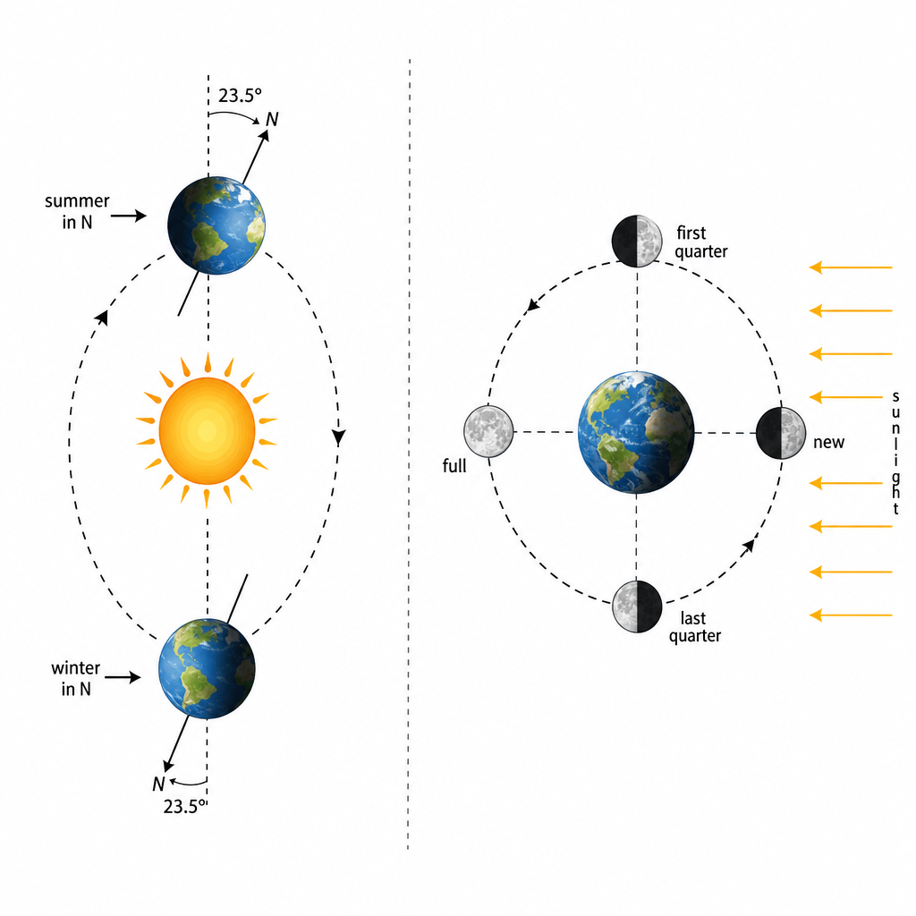 A two-part diagram. Left: the tilted Earth (axis drawn at 23.5° from vertical) orbiting the Sun, with the Northern hemisphere tilted toward the Sun on one side (labelled "summer in N") and away on the other (labelled "winter in N"). Right: the Earth at centre with the Moon shown at four positions around a circular orbit, each Moon half-lit by sunlight arrows from the side, labelled "new", "first quarter", "full", "last quarter". Clean black-on-white technical diagram.