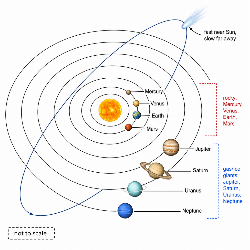 A top-down schematic of the Solar System (not to scale, labelled "not to scale"). The Sun at centre, then eight planet orbits as concentric ellipses, with the four inner orbits grouped close and labelled "rocky: Mercury, Venus, Earth, Mars" and the four outer ones spread out and labelled "gas/ice giants: Jupiter, Saturn, Uranus, Neptune". A comet drawn on a long thin ellipse with an arrow "fast near Sun, slow far away". Clean technical diagram, black on white.