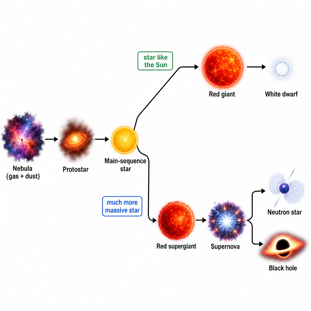 A two-path flowchart for the life cycle of a star. Both paths start at "Nebula (gas + dust)" → "Protostar" → "Main-sequence star". The path then splits. Upper path labelled "star like the Sun": → "Red giant" → "White dwarf". Lower path labelled "much more massive star": → "Red supergiant" → "Supernova" → branch to "Neutron star" and "Black hole". Clean labelled flowchart, black on white, arrows between each stage.