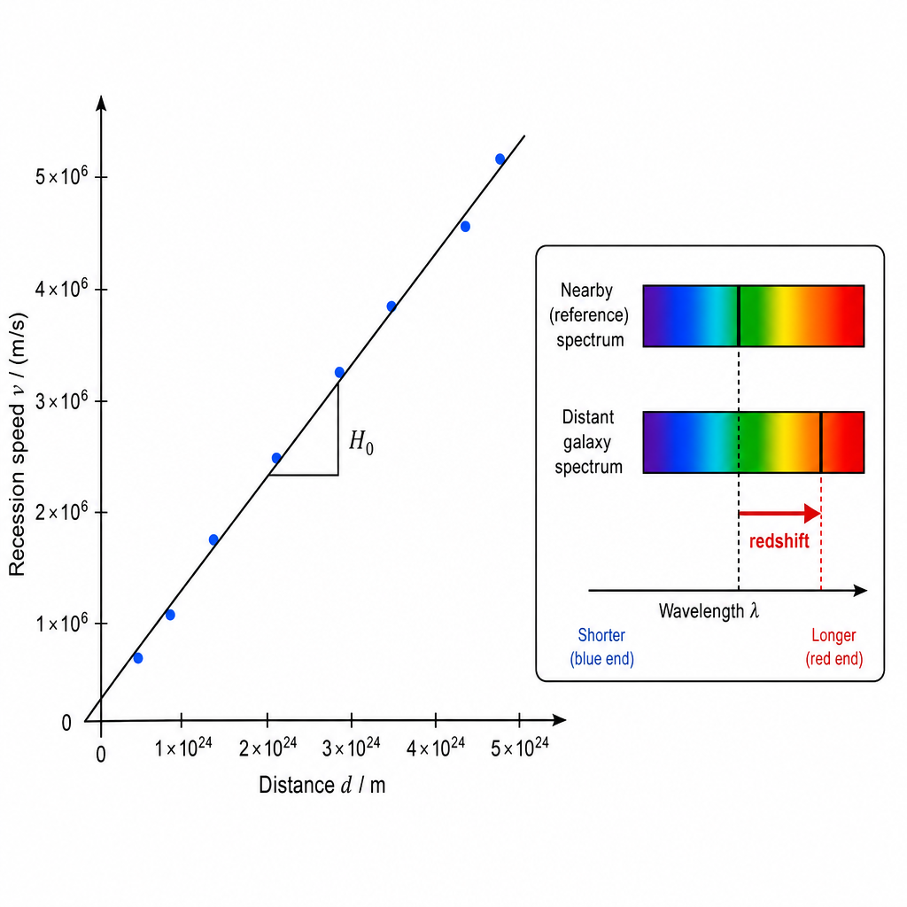 A graph of recession speed against distance for galaxies. Horizontal axis "Distance $d$ / m", vertical axis "Recession speed $v$ / (m/s)". Several data points scatter along a straight line through the origin, gradient labelled "$H_0$". An inset on the right shows two spectra of the same element stacked: a nearby "reference" spectrum with a dark line, and a "distant galaxy" spectrum with the same line shifted toward the red (longer-wavelength) end, with an arrow labelled "redshift". Clean technical graph, black on white.