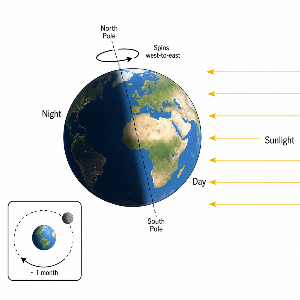 A diagram of the Earth lit from one side by parallel Sun rays arriving from the right labelled "Sunlight". The right half of the Earth is bright (labelled "Day"), the left half shaded (labelled "Night"). A curved arrow around the Earth's axis shows it spinning west-to-east. A small inset shows the Moon orbiting the Earth with a curved arrow labelled "~1 month". Clean black-on-white technical diagram.