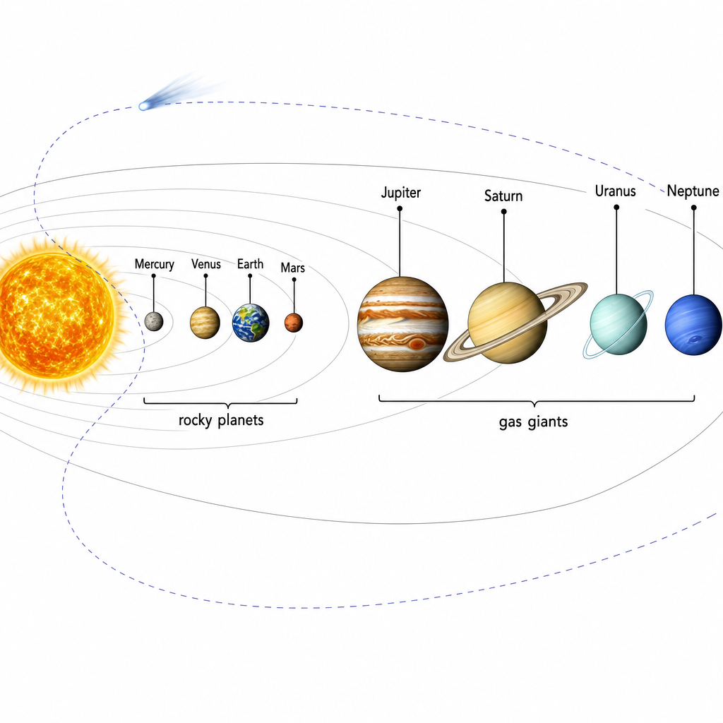 A labelled diagram of the Solar System showing the Sun on the left and the eight planets in order moving outward: Mercury, Venus, Earth, Mars (drawn small, grouped close, labelled "rocky planets"), then Jupiter, Saturn, Uranus, Neptune (drawn larger, spaced further apart, labelled "gas giants"). Each planet labelled with its name. A faint elliptical comet path loops in from the outer edge close past the Sun. Clean technical diagram, black labels on white, not to exact scale.