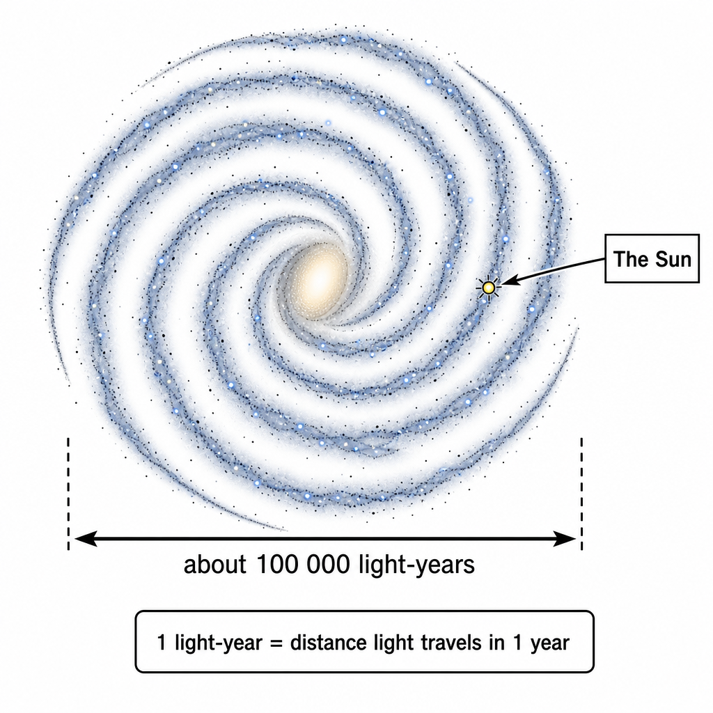 A top-down spiral diagram of the Milky Way galaxy with curved spiral arms. A small arrow points to a position partway out along one arm, labelled "The Sun". A scale bar across the galaxy is labelled "about 100 000 light-years". Below, a small caption box reads "1 light-year = distance light travels in 1 year". Clean technical illustration, black on white.