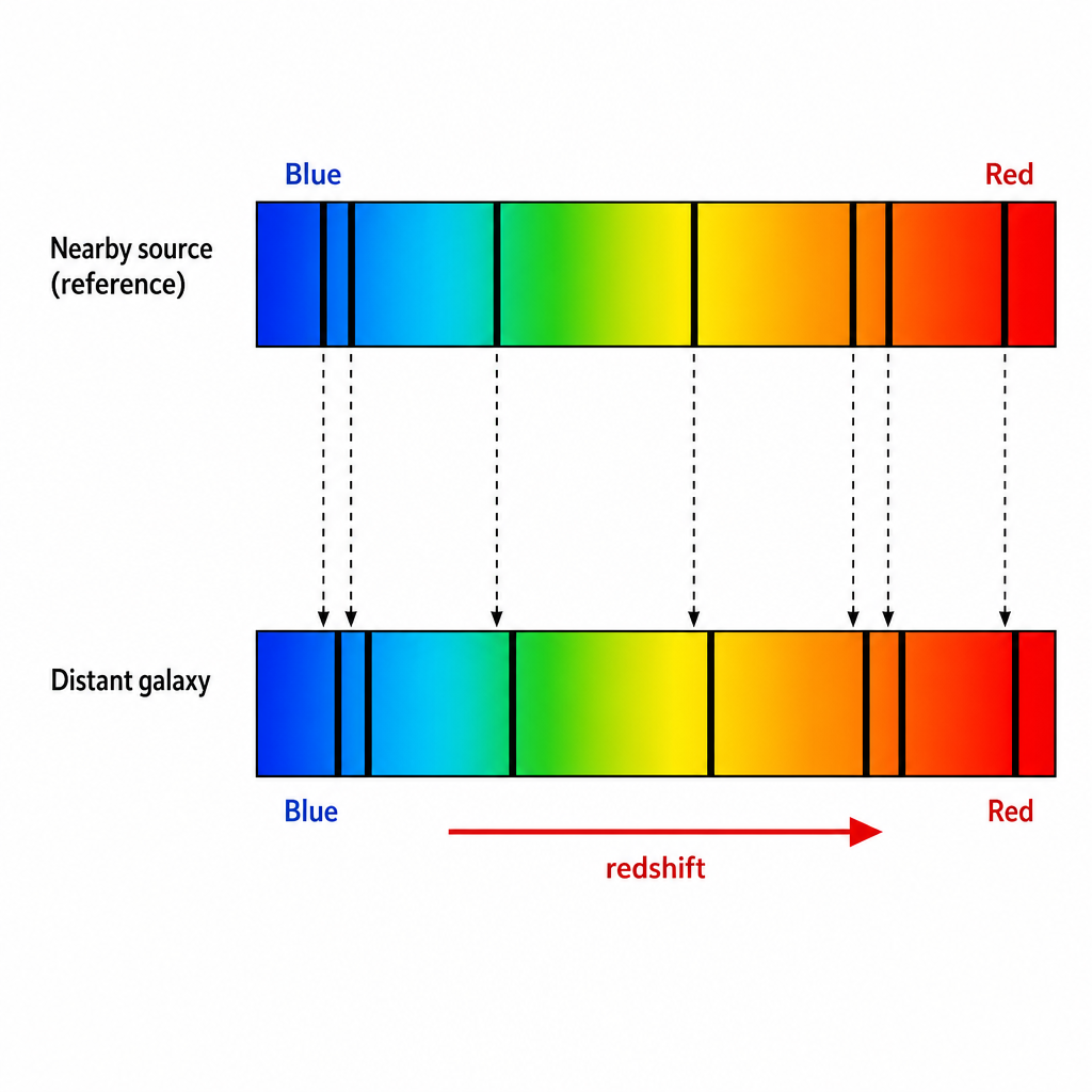 Two horizontal spectrum strips stacked vertically. The top strip is labelled "Nearby source (reference)" and shows a set of dark vertical lines at fixed positions. The bottom strip is labelled "Distant galaxy" and shows the same pattern of lines but all shifted toward the red (right-hand) end, with an arrow labelled "redshift" pointing right. The red end is on the right, the blue end on the left, each end labelled. Clean technical spectrum diagram.