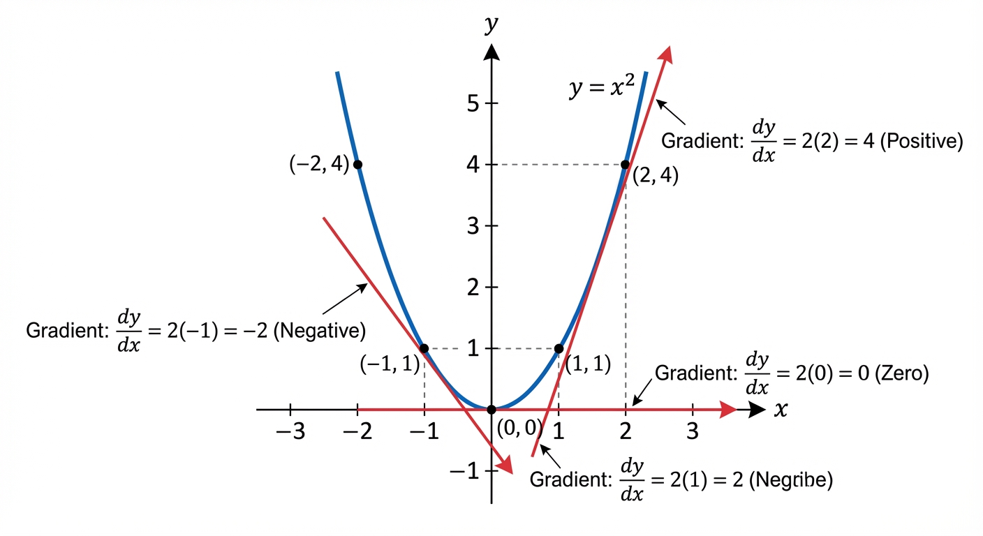 A graph of y=x^2 with tangent lines drawn at x=-1, x=0, and x=2, showing how the gradient changes from negative to zero to positive.