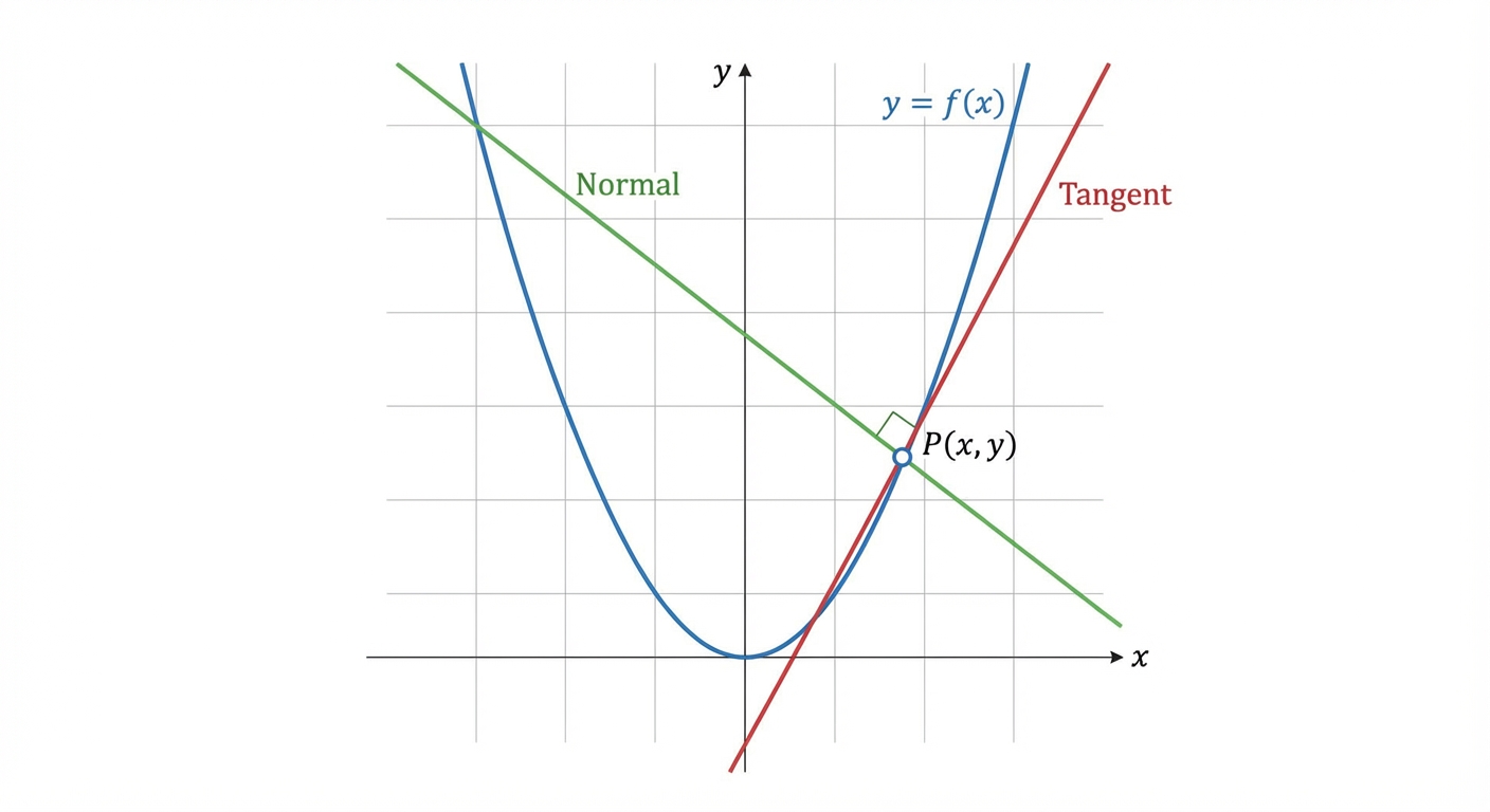 A diagram showing a parabola-like curve. A point P is marked on the curve. A straight line (the tangent) is drawn touching the curve only at P. Another straight line (the normal) is drawn passing through P, perpendicular to the tangent.