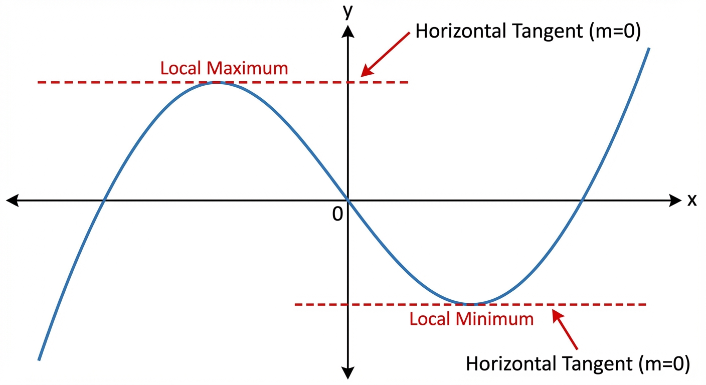 A graph showing a curve with a local maximum, a local minimum, and their horizontal tangents (m=0) clearly labelled.