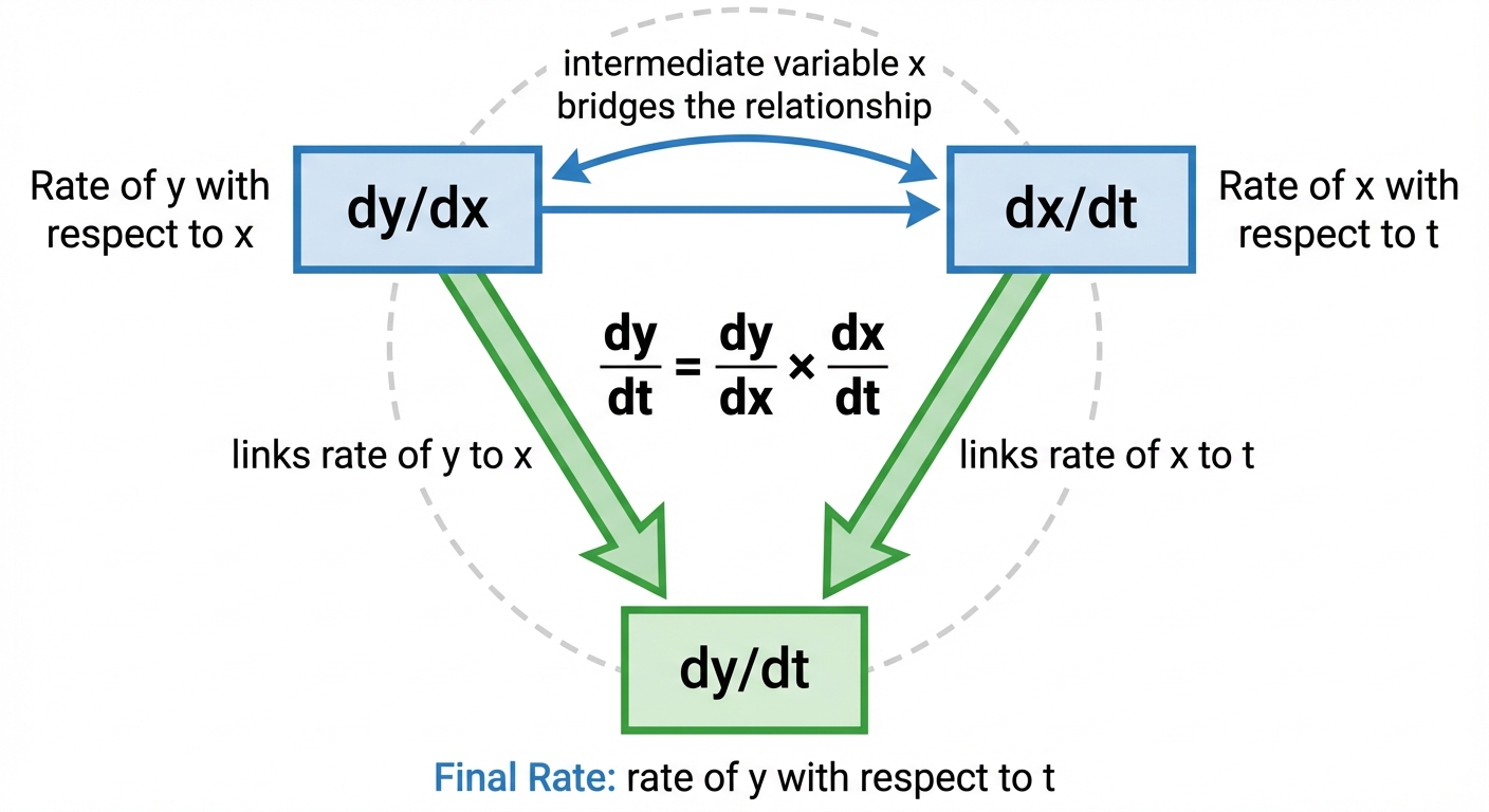 A diagram showing the three terms of the chain rule formula, dy/dt = dy/dx × dx/dt, arranged in a triangle. Arrows connect them, showing how dy/dx bridges the relationship between the rate of x and the rate of y.