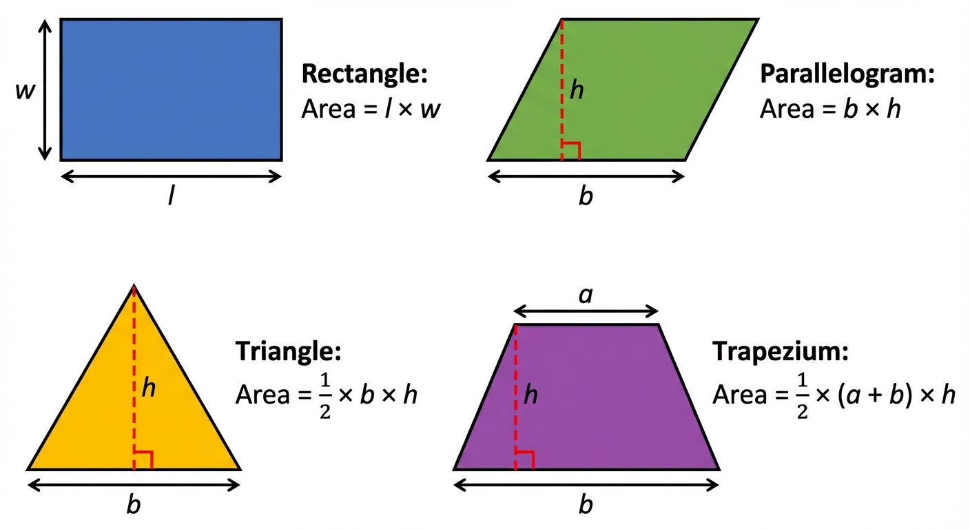A colourful diagram showing a rectangle, parallelogram, triangle, and trapezium. Each shape has its dimensions (base, height, parallel sides) clearly labelled with letters, and the corresponding area formula is written next to it.