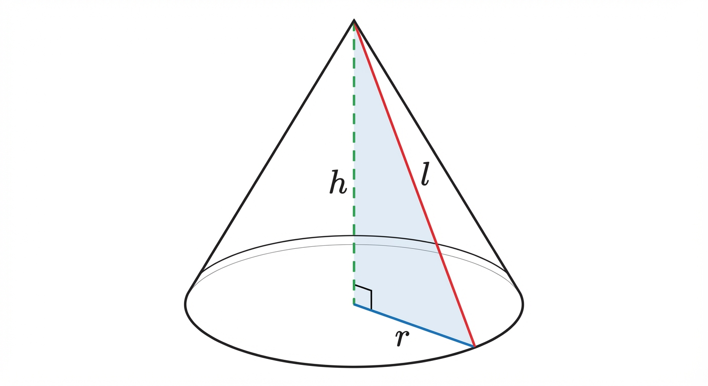 A diagram showing a cone with its radius 'r', perpendicular height 'h', and slant height 'l' labelled, forming a right-angled triangle.