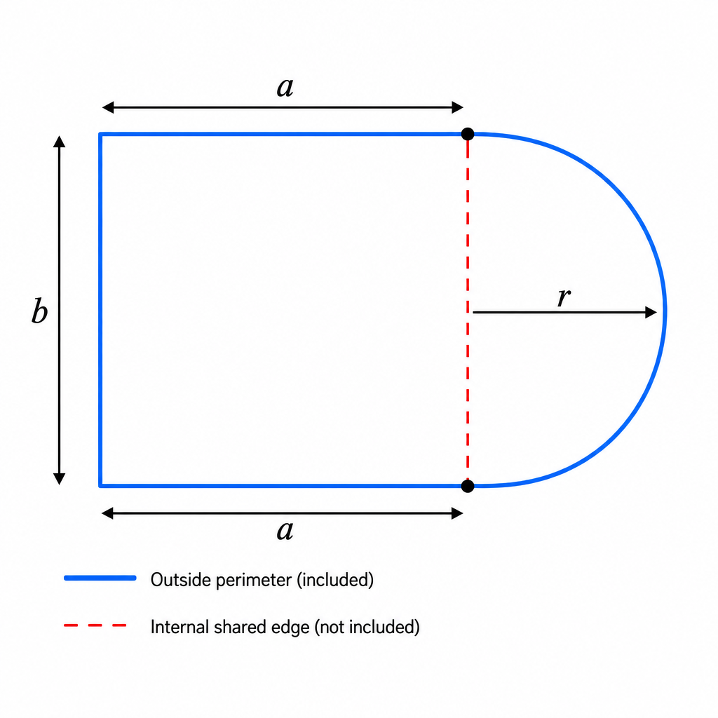 A compound shape made of a rectangle and a semi-circle. The outside perimeter is highlighted in blue, while the internal shared edge is shown as a dotted red line to indicate it's not included.