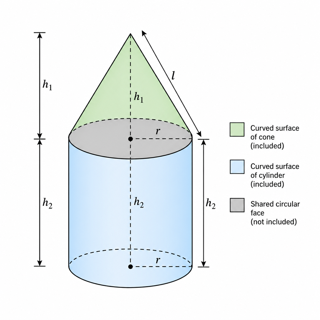 A 3D solid of a cone on top of a cylinder. The shared circular face between them is greyed out, indicating it's not part of the total surface area.