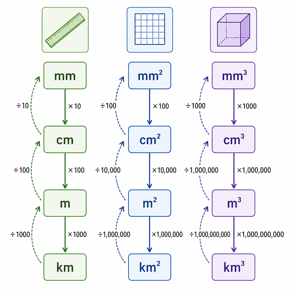 A three-column conversion ladder. Column 1 'Length': mm β cm (Γ10) β m (Γ100) β km (Γ1000). Column 2 'Area': squares of those. Column 3 'Volume': cubes of those. Arrows go upward with Γ· and downward with Γ.