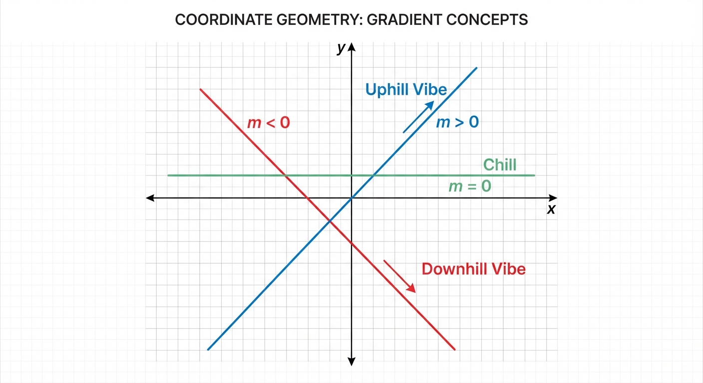 A diagram showing three lines. One with a positive gradient labeled 'Uphill Vibe, m > 0'. One with a negative gradient labeled 'Downhill Vibe, m < 0'. One horizontal line labeled 'Chill, m = 0'.