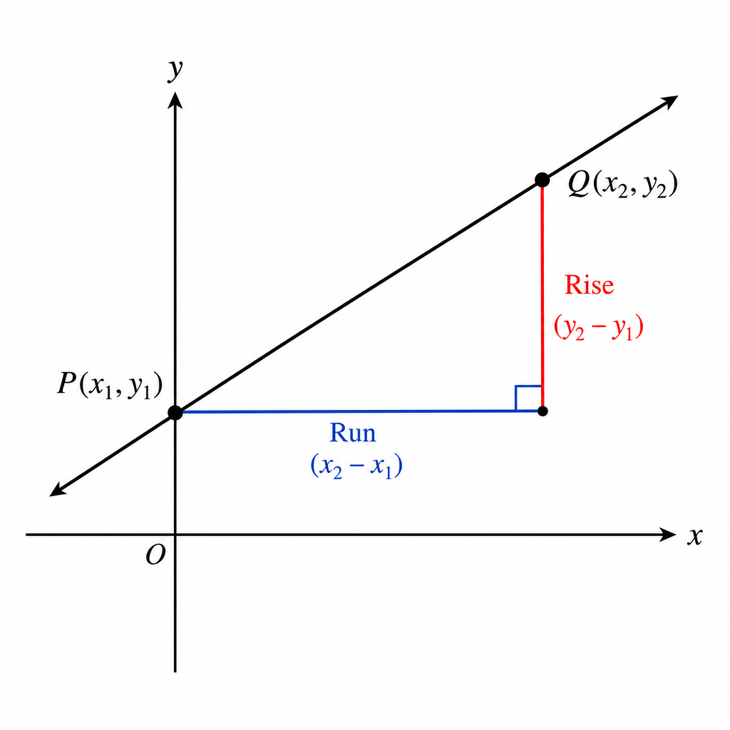A graph showing a straight line. A right-angled triangle is drawn between two points on the line, with the vertical side labelled 'Rise' and the horizontal side labelled 'Run'.