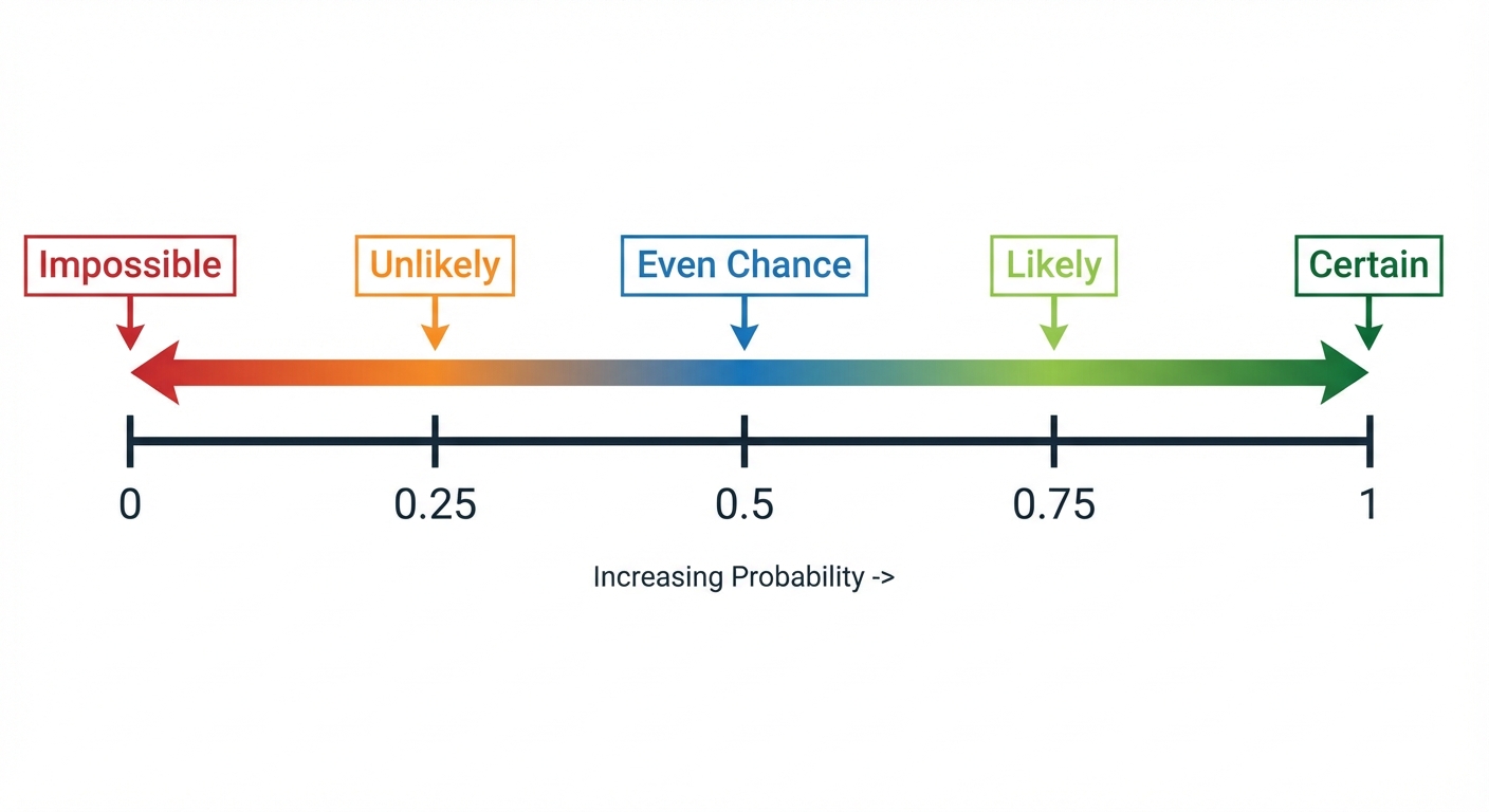 A horizontal number line from 0 to 1. 0 is labelled 'Impossible'. 0.25 is 'Unlikely'. 0.5 is 'Even Chance'. 0.75 is 'Likely'. 1 is 'Certain'.