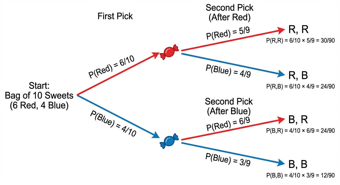 A detailed tree diagram for a 'without replacement' problem. It shows the first pick from a bag of 10 sweets (6 Red, 4 Blue). The first branches are P(Red) = 6/10 and P(Blue) = 4/10. The second set of branches shows updated probabilities: after picking Red, the new branches are P(Red) = 5/9 and P(Blue) = 4/9. After picking Blue, the new branches are P(Red) = 6/9 and P(Blue) = 3/9.