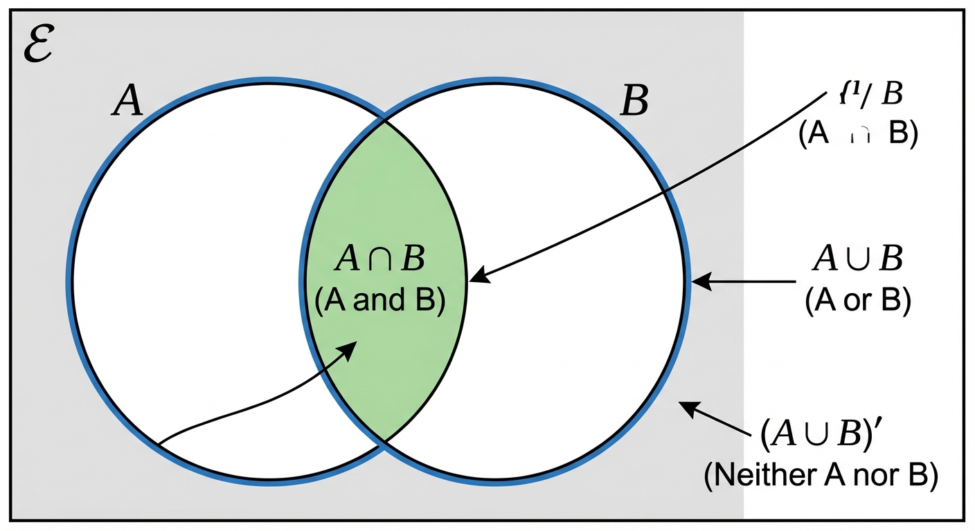 A standard Venn diagram with a rectangle labelled with the universal set symbol . Inside are two overlapping circles labelled A and B. The overlapping section is shaded and labelled 'A \cap B' (A and B). The combined area of both circles is outlined and labelled 'A \cup B' (A or B). The area outside the circles but inside the box is labelled '(A \cup B)'' (Neither A nor B).