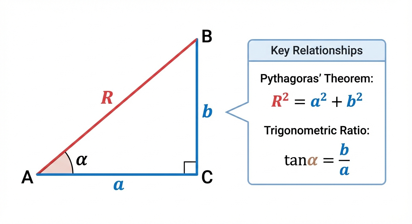 A right-angled triangle with adjacent side 'a', opposite side 'b', and hypotenuse 'R'. The angle between the adjacent side and the hypotenuse is labelled 'α'. This visually demonstrates that and .