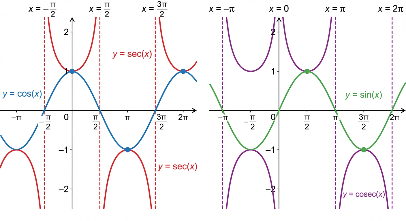 A diagram showing the graphs of y=cos(x) and y=sec(x) on the same axes, and y=sin(x) and y=cosec(x) on another. The graphs should highlight how when the original function is 1 or -1, the reciprocal is the same, and when the original function is 0, the reciprocal has a vertical asymptote.