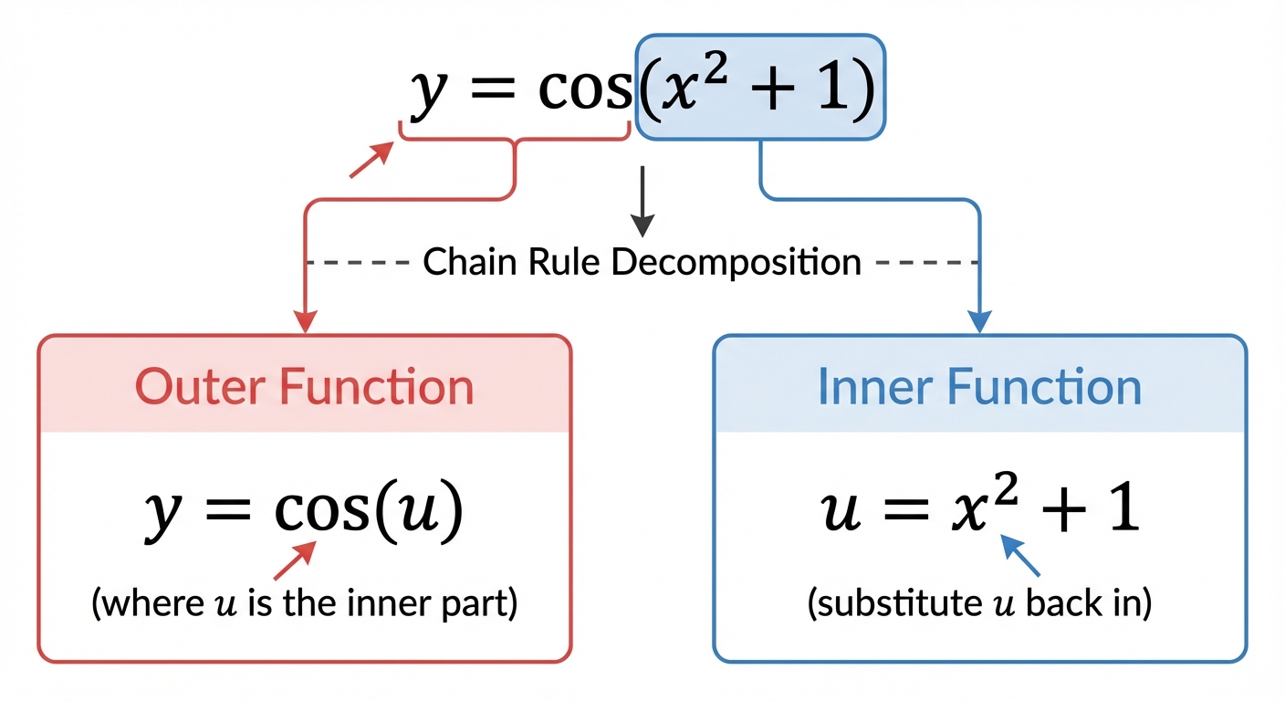 A diagram showing a function like y = cos(x^2 + 1). The 'outer function' is labelled as cos(u) and the 'inner function' is labelled as u = x^2 + 1, visually separating the two parts.