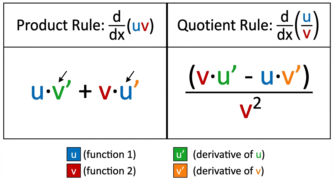 A clean, side-by-side comparison table showing the Product Rule (uv' + vu') and the Quotient Rule ((vu' - uv')/v^2), with each term (u, v, u', v') color-coded for clarity.