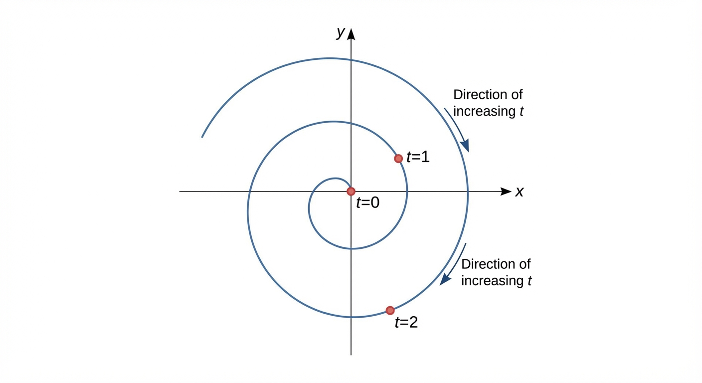 A diagram showing a parametric curve, like a spiral, with points labelled for t=0, t=1, t=2, illustrating how the curve is traced over time.