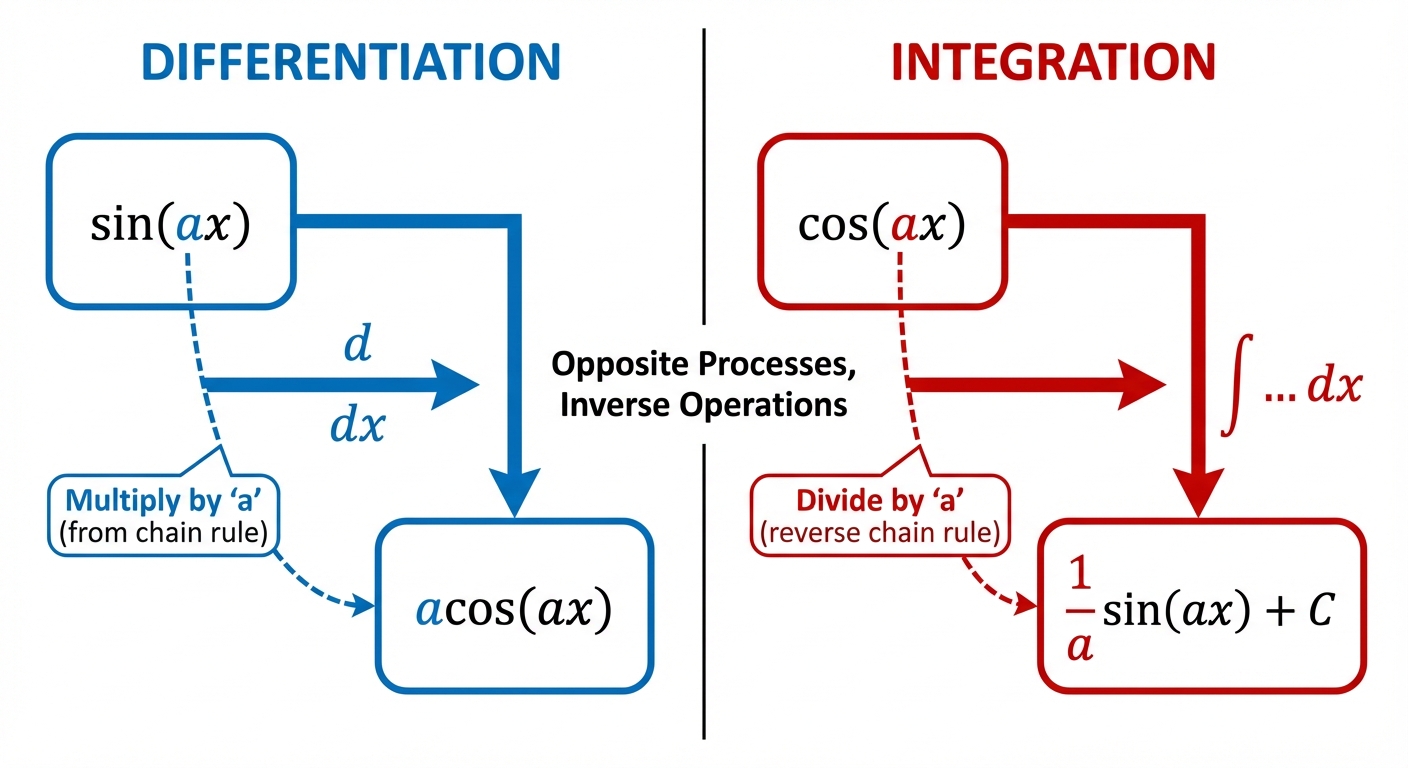 A side-by-side comparison showing differentiation of producing , and integration of producing , highlighting the multiplication vs. division by 'a'.