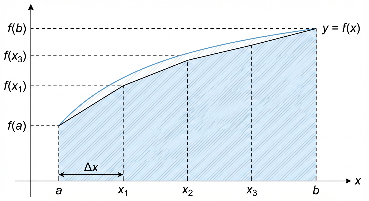 A diagram showing a curve from x=a to x=b, with the area underneath divided into four trapeziums. The top edge of the trapeziums should be shown as straight lines, either slightly above or slightly below the curve to illustrate the concept of over/underestimation.