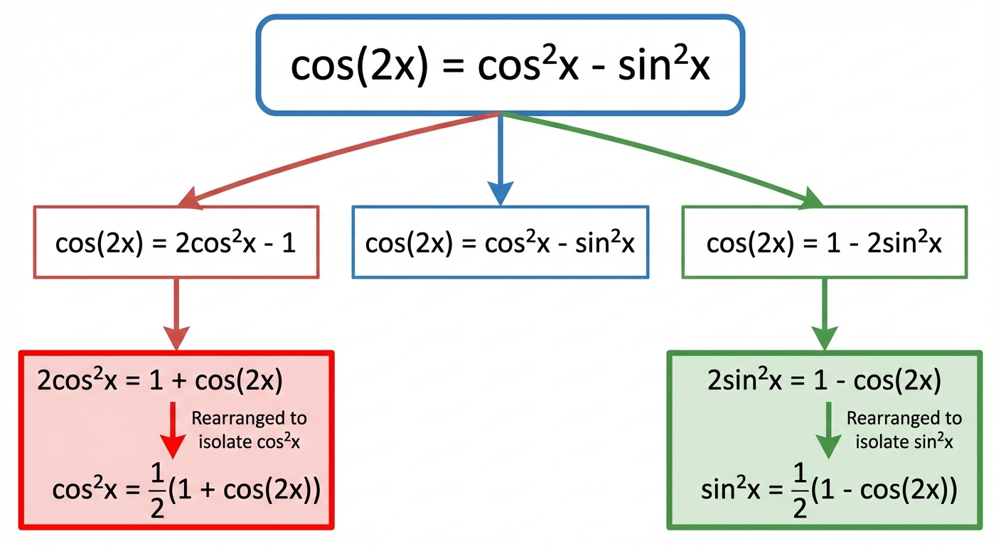 A visual diagram showing the main cos(2x) identity branching into its three forms. Two of these branches are highlighted, showing the algebraic rearrangement to isolate sin²x and cos²x respectively.