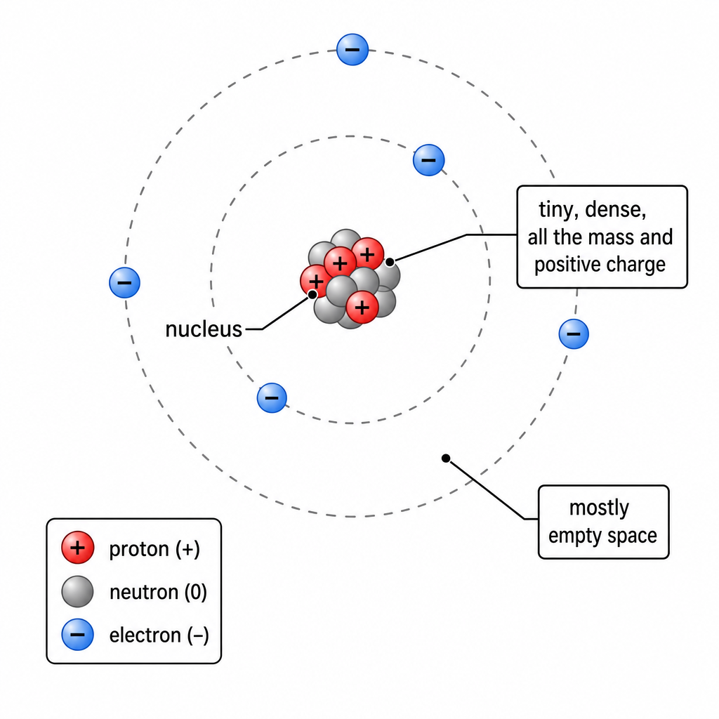 A labelled nuclear-model diagram of a small atom. Central tight cluster labelled "nucleus" with red "+" dots (protons) and grey dots (neutrons); two faint circular orbits around it carrying blue "โ" dots (electrons). Callout to the centre: "tiny, dense, all the mass and positive charge". Callout to the gap: "mostly empty space". Clean black-on-white schematic.