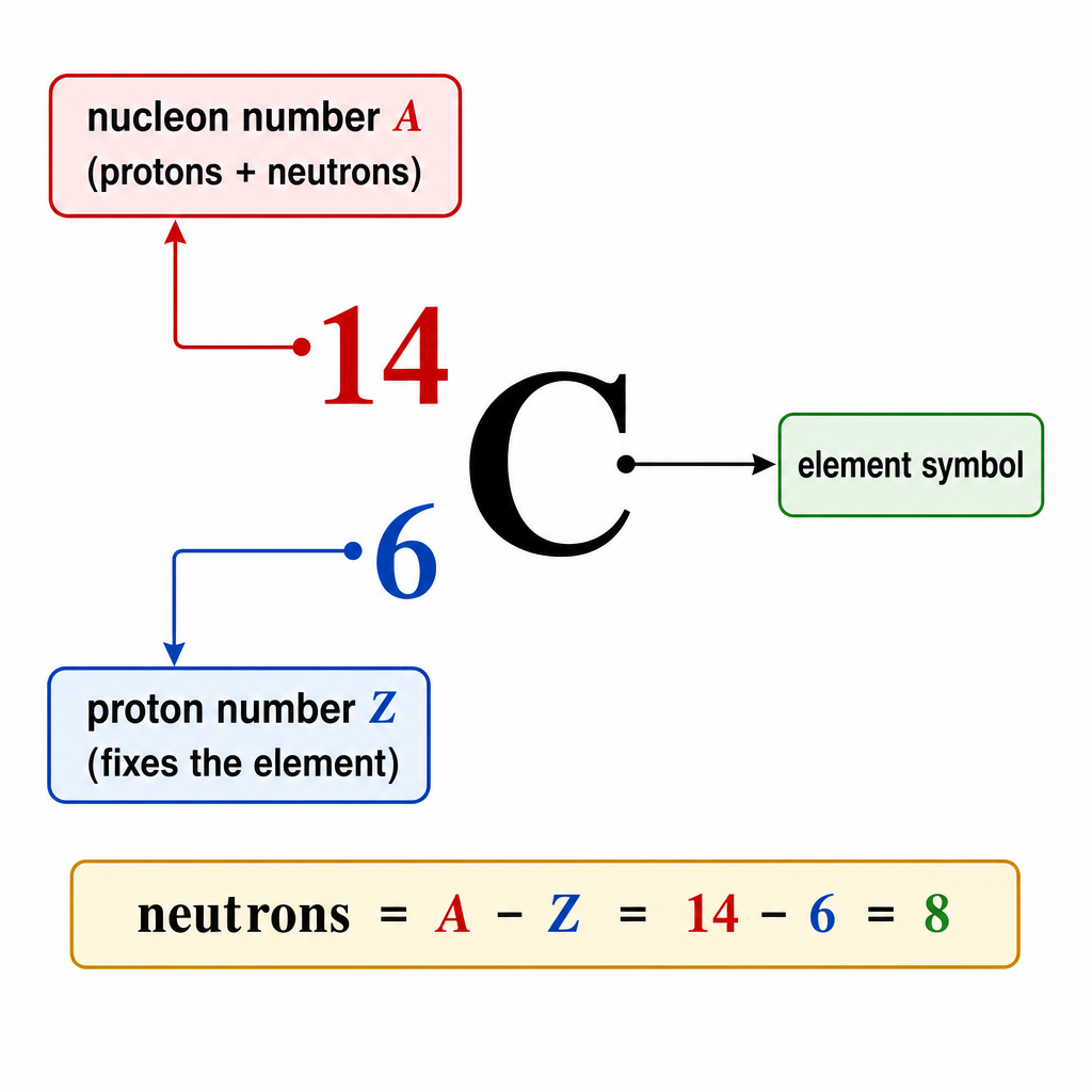 A large nuclide-notation diagram showing "superscript 14, subscript 6, C" with arrows: top number โ "nucleon number A (protons + neutrons)", bottom number โ "proton number Z (fixes the element)", letter โ "element symbol", and a strip below reading "neutrons = A โ Z = 14 โ 6 = 8". Clean instructional graphic.