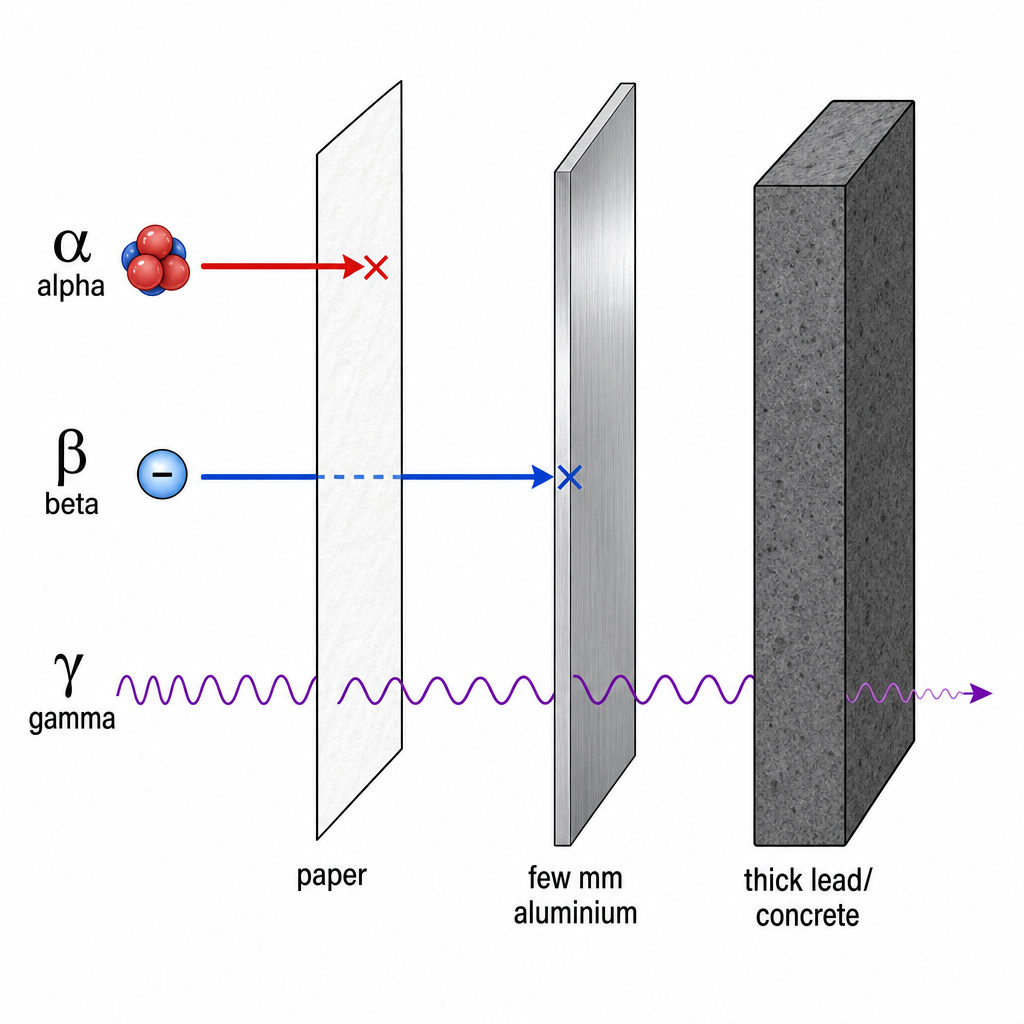 A penetration-comparison diagram. Three arrows labelled "alpha", "beta", "gamma" travelling toward three barriers in a row: "paper", then "few mm aluminium", then "thick lead/concrete". Alpha stops at the paper; beta stops at the aluminium; gamma passes both and is only reduced by the lead. Clean technical diagram, black on white.