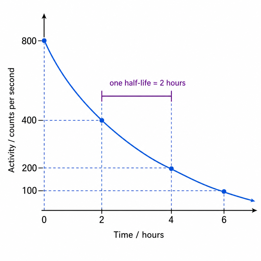 A radioactive decay curve. Vertical axis "Activity / counts per second" marked 800, 400, 200, 100; horizontal axis "Time / hours" marked 0, 2, 4, 6. A smooth curve from (0,800) through (2,400), (4,200), (6,100), approaching but never touching the axis. A bracket between two halving points labelled "one half-life = 2 hours". Clean labelled graph.