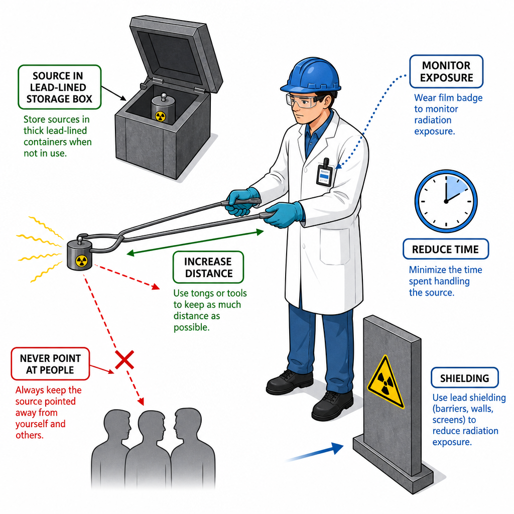 A safety illustration. A source in a thick "lead-lined storage box"; a technician handling it with long tongs (label "increase distance"), wearing a film badge (label "monitor exposure"), source pointed away (label "never point at people"), a clock icon (label "reduce time"), and a lead barrier (label "shielding"). Clean instructional diagram.