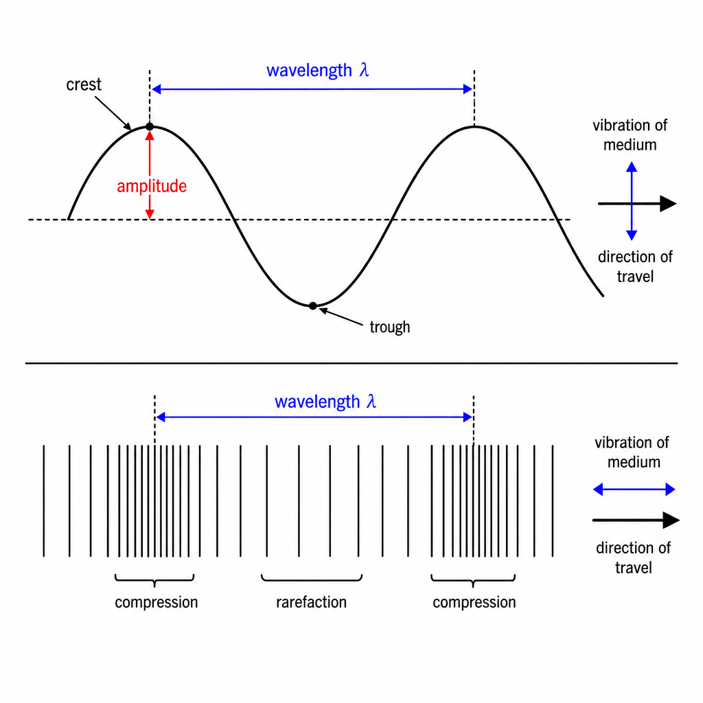 Two stacked panels. Top panel "Transverse wave": a sine curve with one full cycle bracketed and labelled "wavelength Ξ»", the vertical distance from the centre line to a crest labelled "amplitude", a crest and a trough labelled, and a small arrow showing the medium vibrating up-down at right angles to a horizontal "direction of travel" arrow. Bottom panel "Longitudinal wave": a row of vertical lines showing compressions (lines close together) and rarefactions (lines far apart), with one compression-to-compression distance labelled "wavelength Ξ»", and a small arrow showing vibration parallel to the "direction of travel" arrow. Clean black-on-white technical diagram.