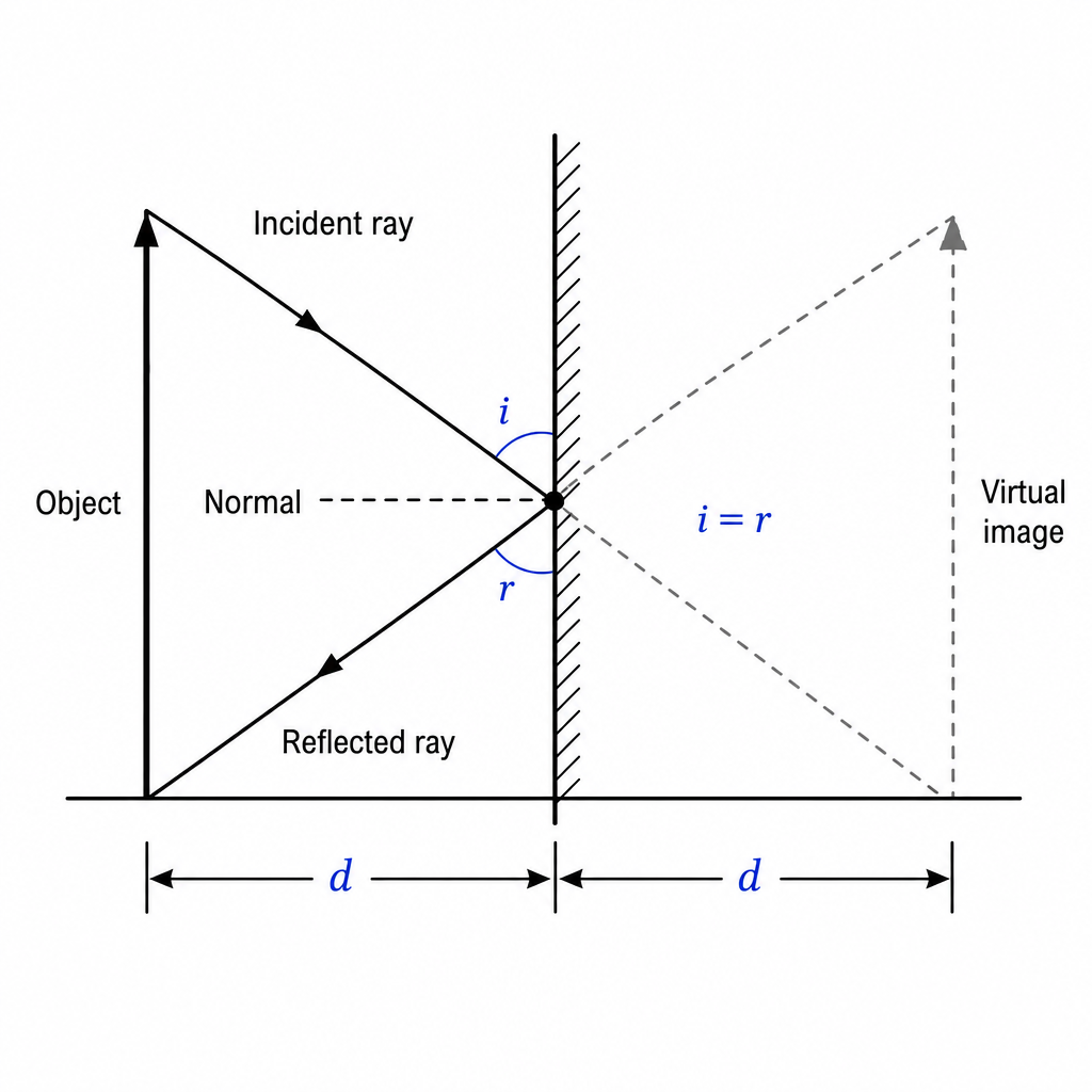 A plane mirror drawn as a vertical line with hatching on the back. An incident ray strikes a point on the mirror; the normal is drawn as a dashed line perpendicular to the mirror at that point. The angle of incidence (between incident ray and normal) and the angle of reflection (between reflected ray and normal) are both marked and labelled equal. To the left an object arrow stands a distance d in front; behind the mirror a dashed grey image arrow stands the same distance d, same height, labelled "virtual image". Clean technical ray diagram, black on white.