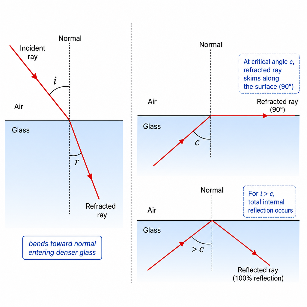 A glass block boundary drawn as a horizontal line, air above, glass below, with a dashed normal. Left side: a ray from air entering glass, angle of incidence i in air and smaller angle of refraction r in glass, labelled "bends toward normal entering denser glass". Right side: a separate panel showing a ray inside glass hitting the boundary at exactly the critical angle c with the refracted ray skimming along the surface (90Β°), and a third ray at a larger angle reflecting fully back inside, labelled "total internal reflection". Clean technical refraction diagram with angles marked.