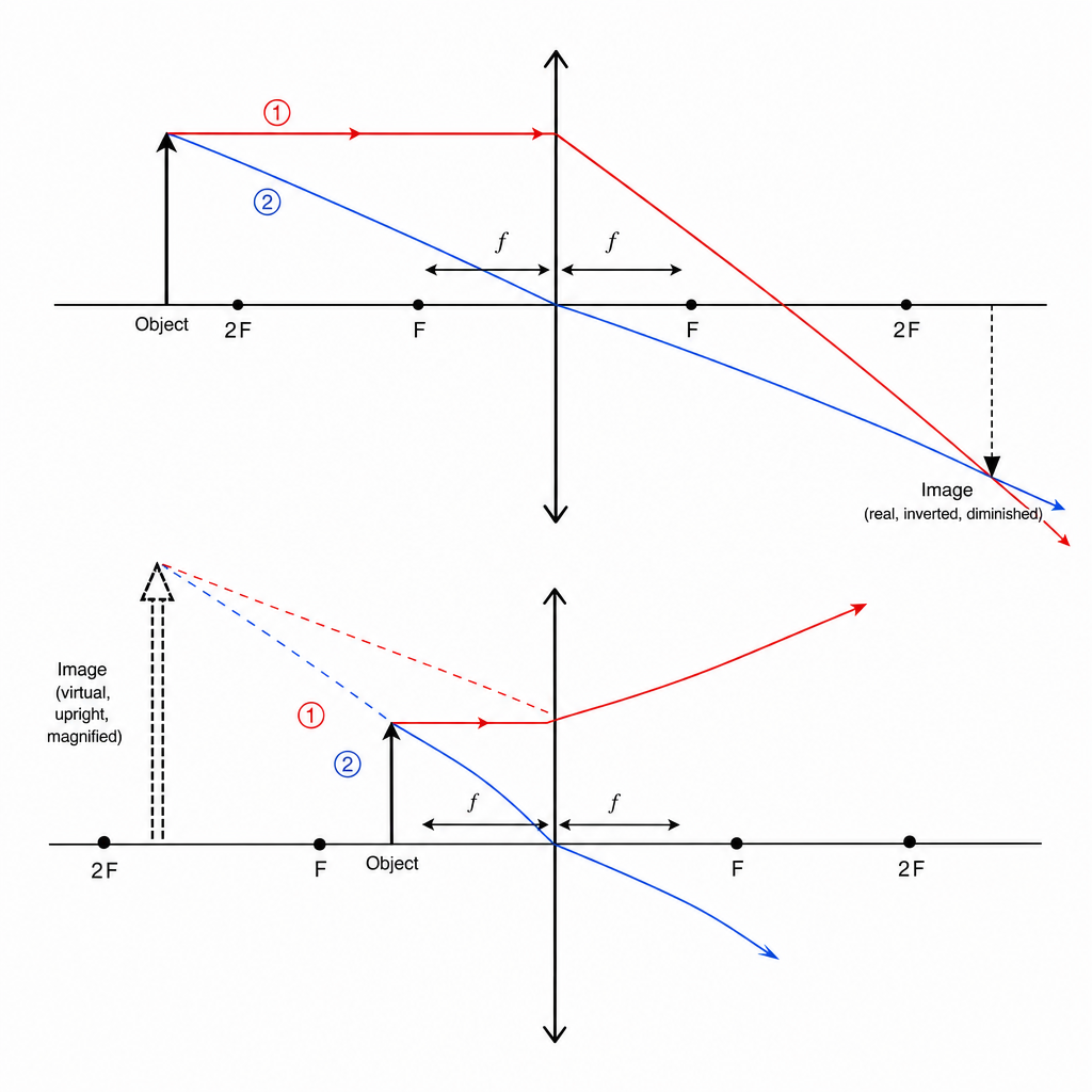 Two-panel ray diagram for a converging lens, drawn on a horizontal principal axis with the lens as a vertical line and principal focus F marked at distance f on each side. Left panel "Object beyond 2F β real image": an upright object arrow beyond 2F on the left; ray 1 from the tip parallel to the axis then refracting through F on the right; ray 2 from the tip straight through the lens centre; the two rays cross beyond F on the right forming an inverted, diminished real image arrow (drawn solid). Right panel "Object inside F β virtual image": object arrow between lens and F; the two refracted rays diverge on the right, and dashed back-projections meet on the same side as the object forming a large upright virtual image (drawn dashed). Clean technical ray diagram, labelled, black on white.