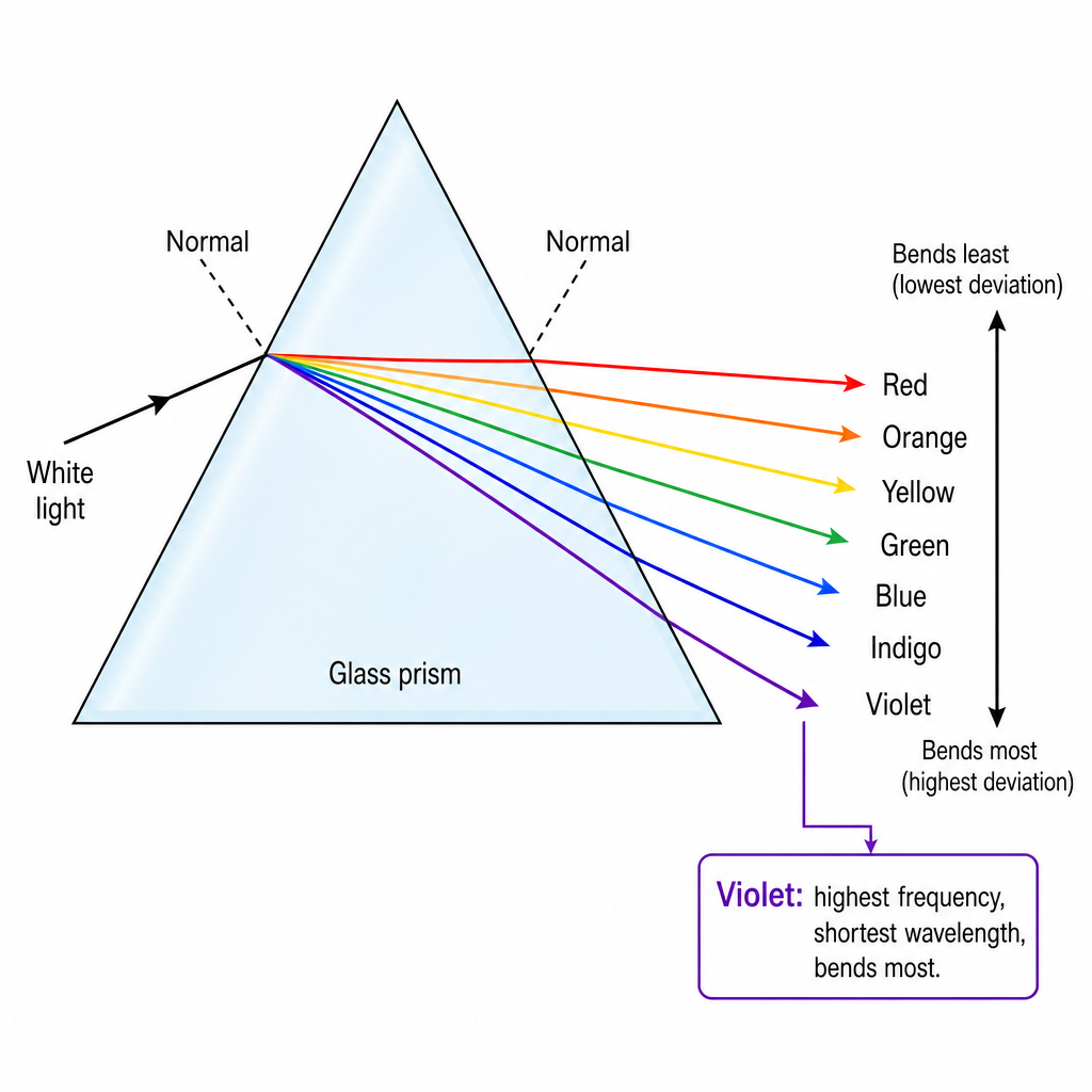 A triangular glass prism with a single ray of white light entering the left face. Inside and leaving the right face the ray fans into a spectrum of separated colour rays, labelled top-to-bottom red, orange, yellow, green, blue, indigo, violet, with red bending least (top) and violet bending most (bottom). A small label notes "violet: highest frequency, shortest wavelength, bends most". Clean technical illustration.