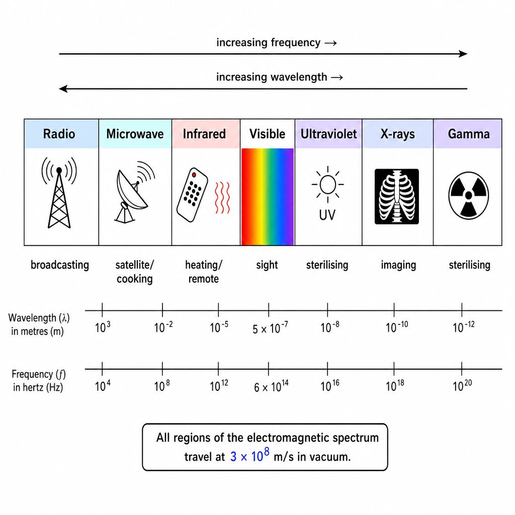 A horizontal electromagnetic-spectrum bar divided into seven labelled bands left-to-right: Radio, Microwave, Infrared, Visible, Ultraviolet, X-rays, Gamma. Above the bar an arrow labelled "increasing frequency β" points right and "increasing wavelength β" points left. Below each band a one-word use is printed (e.g. broadcasting, satellite/cooking, heating/remote, sight, sterilising, imaging, sterilising). The Visible band is shown as a thin colour strip redβviolet. Numeric anchors marked: "all travel at 3 Γ 10βΈ m/s in vacuum". Clean labelled technical chart, black on white with a coloured visible strip.