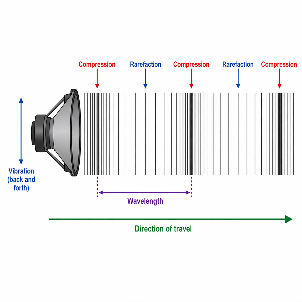 A loudspeaker cone on the left with a vibration arrow, sending a sound wave to the right through air drawn as vertical lines. Regions where the lines bunch together are labelled "compression"; regions where they spread out are labelled "rarefaction". One compression-to-compression distance is bracketed and labelled "wavelength". A "direction of travel" arrow runs left-to-right parallel to the vibration arrow on the speaker. Clean technical diagram.