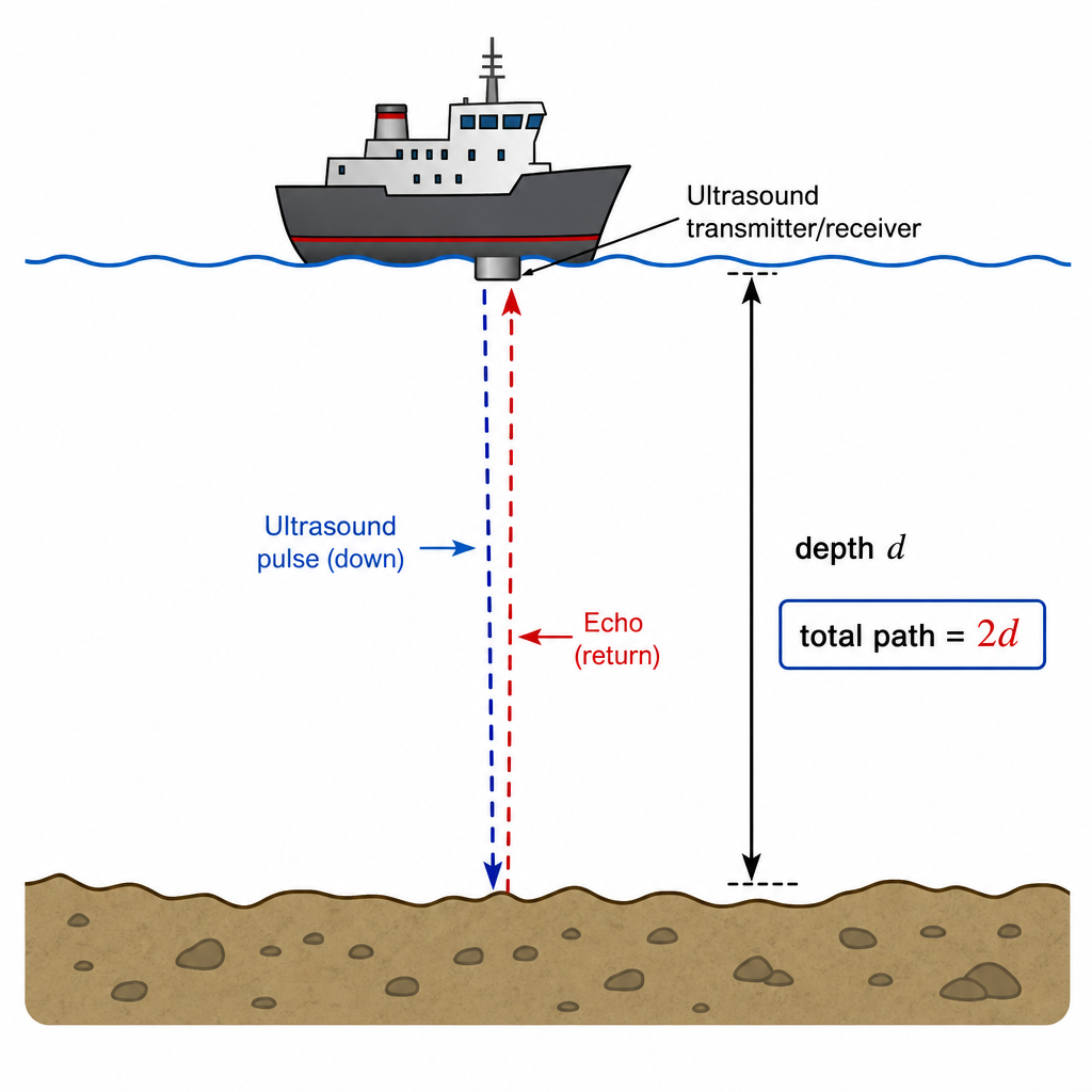 A ship on the surface emitting an ultrasound pulse straight down to the sea floor and the echo returning up, with a vertical double-headed arrow labelled "depth d" and a note "total path = 2d". Clean simple schematic.