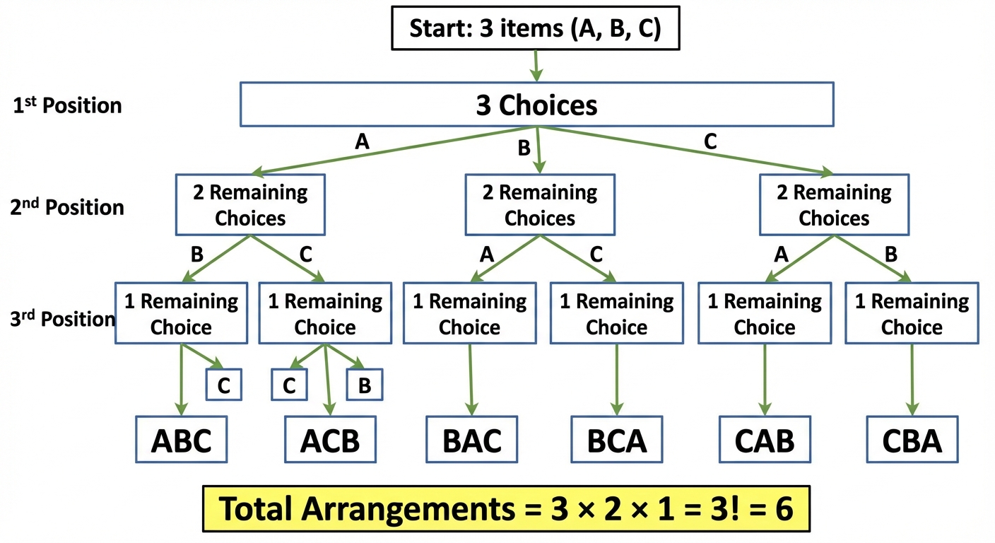 A flowchart showing a decision tree for arranging 3 items (A, B, C). The first position has 3 choices, the second has 2 remaining choices, and the third has 1 choice, visually demonstrating 3x2x1 = 3! = 6.